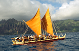 Ship with orange sails on the water