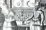 Drawing of a man next to a fiery cauldron
