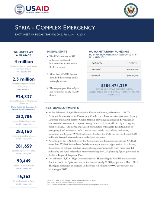 Syria Complex Emergency Fact Sheet #9 - 02/19/13