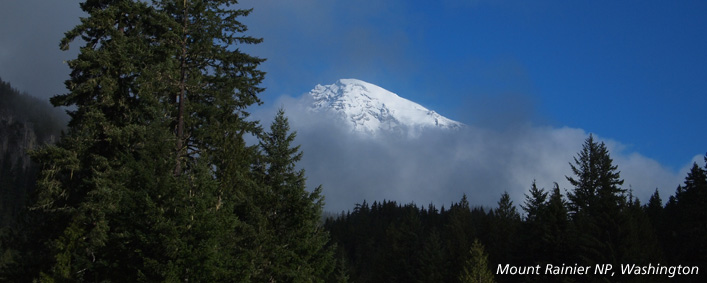 Mount Rainier peeks out of the clouds at Mount Rainier NP, Washington