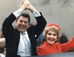 The Reagans waving during the Inaugural Parade, January 20, 1981.