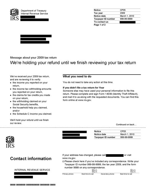 Image of page 1 of a printed IRS CP05 Notice