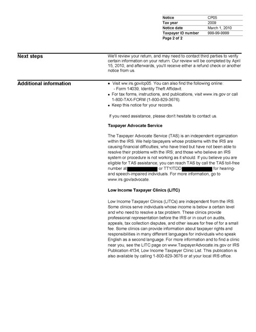 Image of page 2 of a printed IRS CP05 Notice