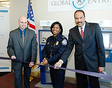 Larry Panetta Global Entry program manager with LaShanda Jones CBP Denver area port director and Ken Greene deputy manager of operations, public safety and security at Denver International during a ribbon cutting ceremony and media event on March 20. 