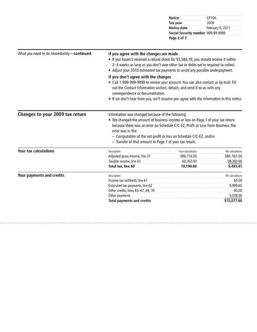 Image of page 2 of a printed IRS CP10A Notice