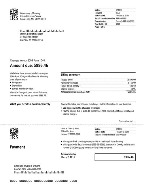 Image of page 1 of a printed IRS CP11M Notice