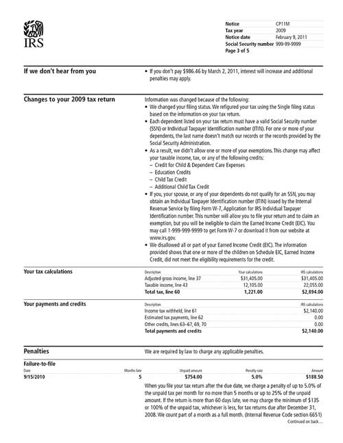 Image of page 3 of a printed IRS CP11M Notice