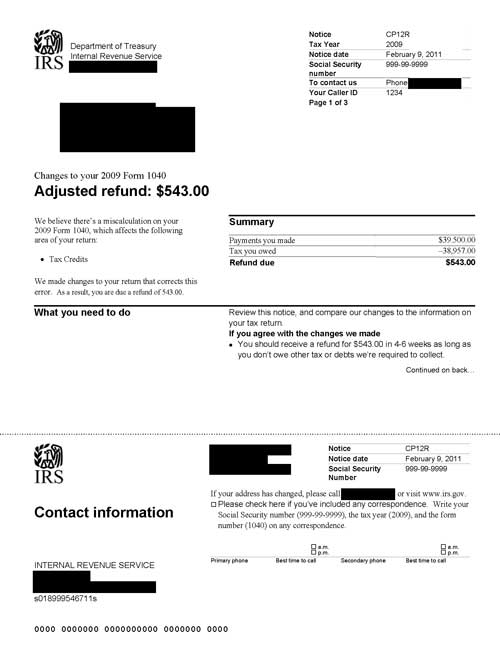 Image of page 1 of a printed IRS CP12R Notice