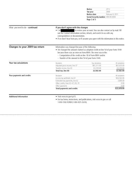 Image of page 2 of a printed IRS CP13 Notice