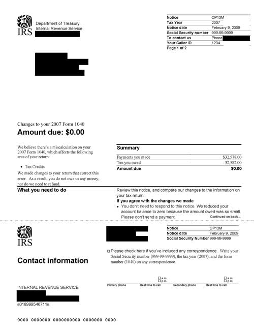 Image of page 1 of a printed IRS CP13M Notice