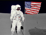 Astronaut Edgar D. Mitchell, Apollo 14 lunar module pilot stands by the deployed U.S. flag on the lunar surface during the early moments of the mission's first spacewalk.