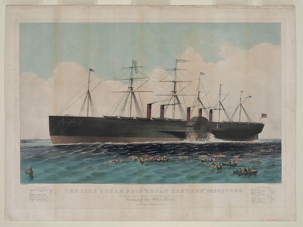 The iron steam ship "Great Eastern" 22,500 tons: constructed under the direction of I.K. Brunel, F.R.S. -- D.C.L. commanded by Capt. William Harrison. Print by Currier & Ives, copyrighted 1858.