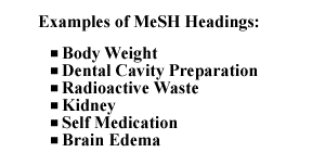 Examples of MeSH Headings: Body Weight, Dental Cavity Preparation, Radioactive Waste, Kidney, Self-Medication, Brain Edema