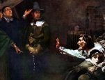 In this scene a young girl, who has been accused of witchcraft, clings to her father who gestures towards the authorities come who have to arrest her. Oil painting by Douglas Volk, 1884. Corcoran Gall