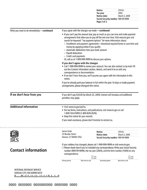Image of page 2 of a printed IRS CP21A Notice