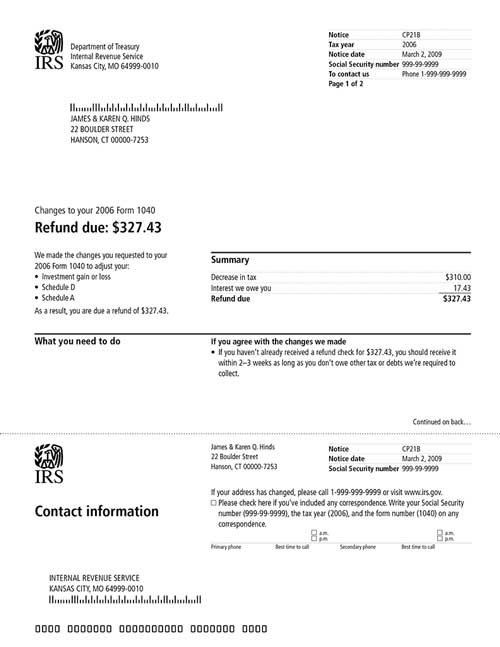 Image of page 1 of a printed IRS CP21B Notice