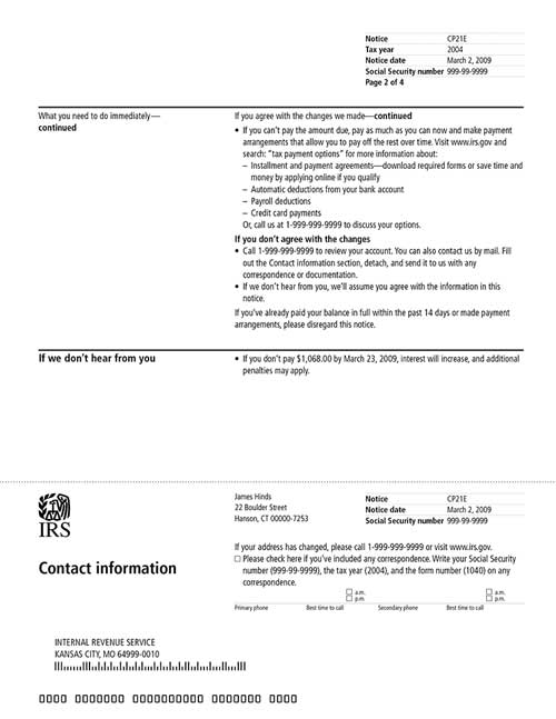 Image of page 2 of a printed IRS CP21E Notice