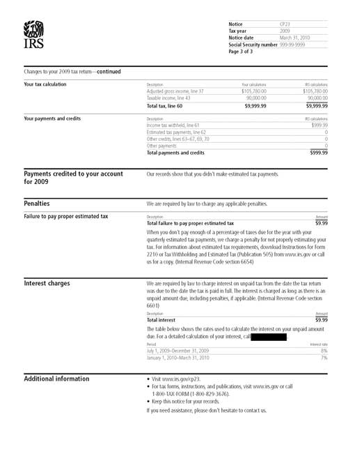 Image of page 3 of a printed IRS CP23 Notice