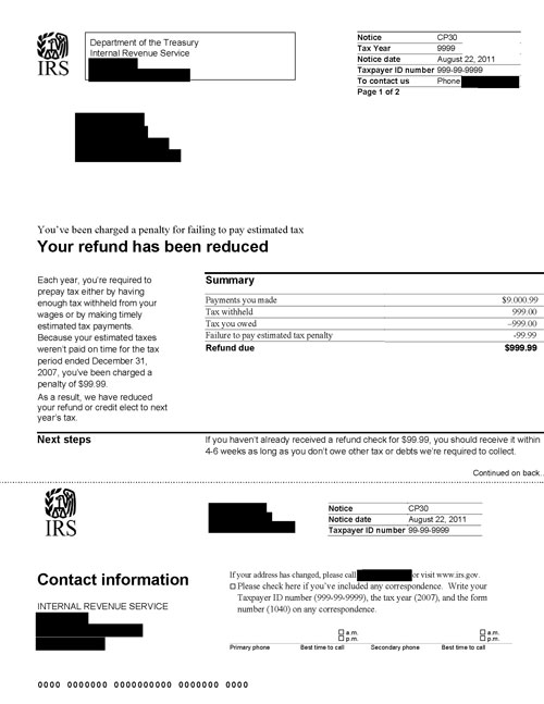 Image of page 1 of a printed IRS CP30 Notice