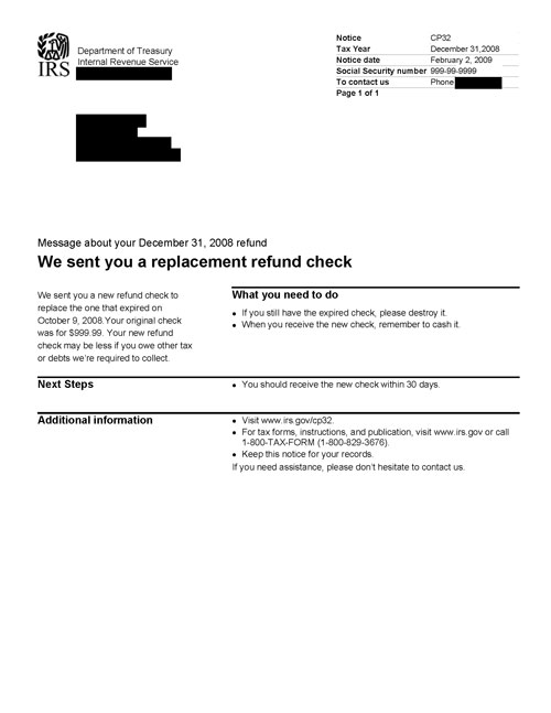 Image of page 1 of a printed IRS CP32 Notice