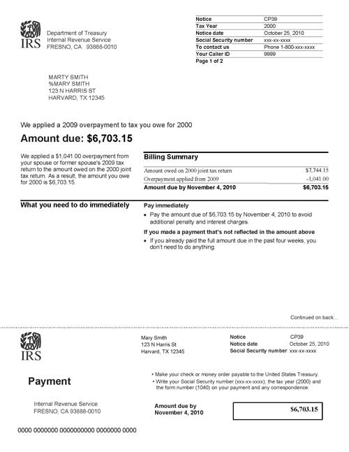 Image of page 1 of a printed IRS CP39 Notice