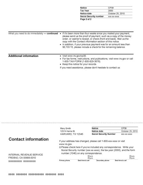 Image of page 2 of a printed IRS CP39 Notice