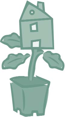 Clip art of a house blooming from a plant in a planter.