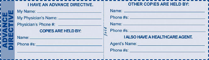 Printable wallet card specifying advance directive information