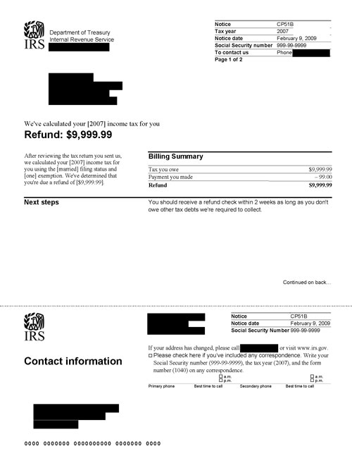 Image of page 1 of a printed IRS CP51B Notice