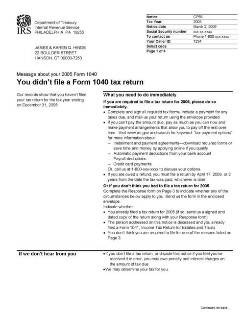Image of page 1 of a printed IRS CP59 Notice