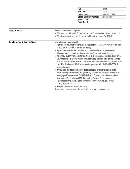 Image of page 2 of a printed IRS CP59 Notice