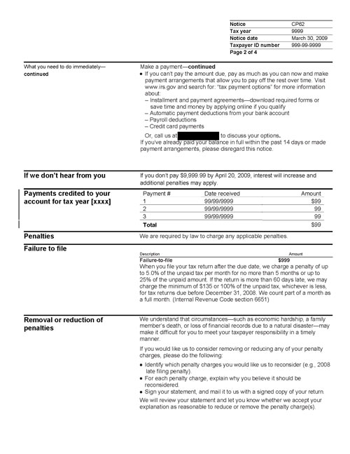 Image of page 2 of a printed IRS CP62 Notice