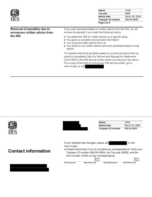 Image of page 3 of a printed IRS CP62 Notice