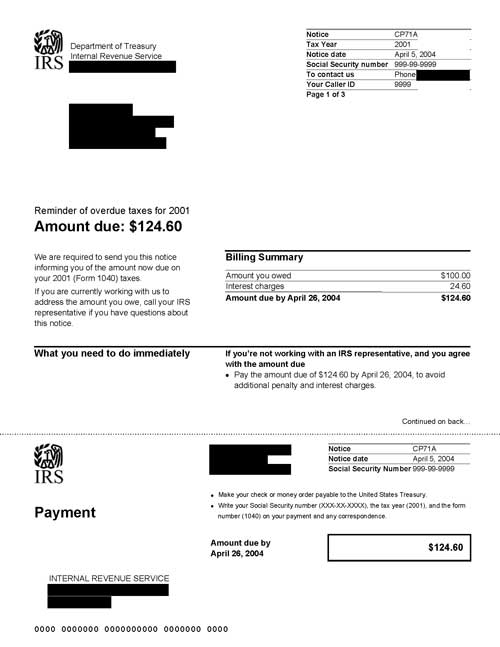 Image of page 1 of a printed IRS CP71A Notice