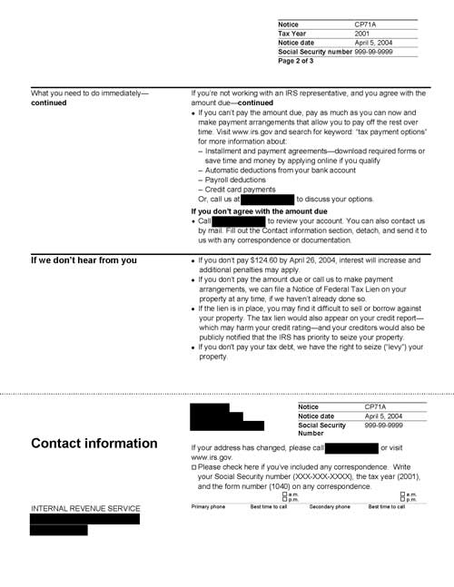 Image of page 2 of a printed IRS CP71A Notice