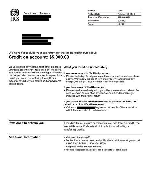 Image of page 1 of a printed IRS CP81 Notice