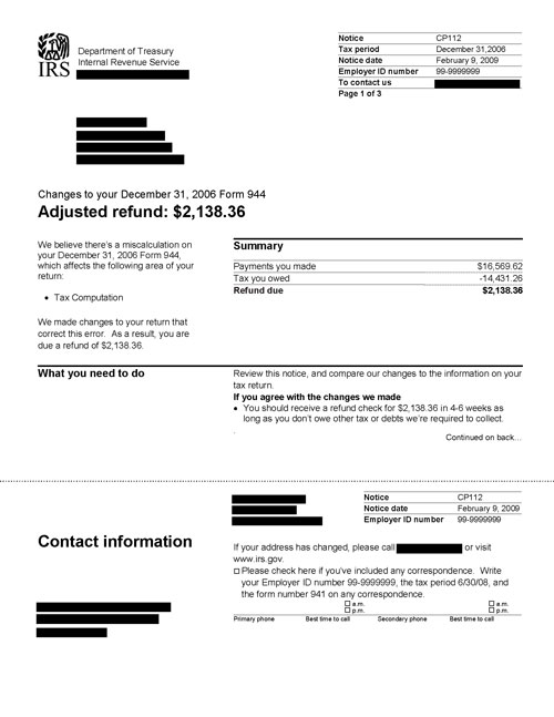 Image of page 1 of a printed IRS CP112 Notice