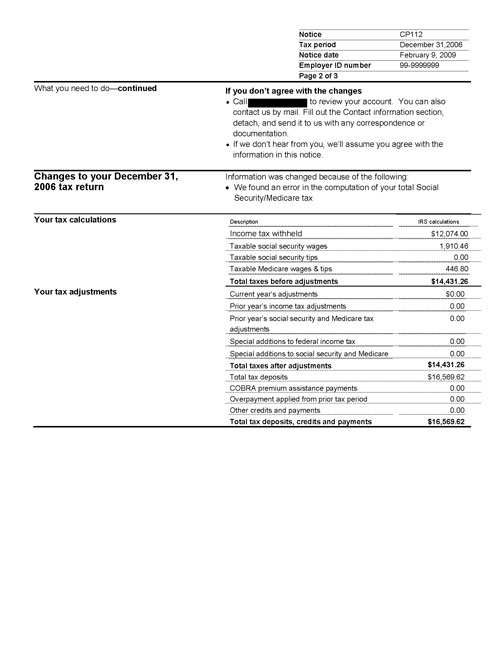 Image of page 2 of a printed IRS CP112 Notice