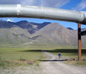 Photo of Andrew Jacobson and colleague hiking along a road with Alaskan pipeline in foreground.