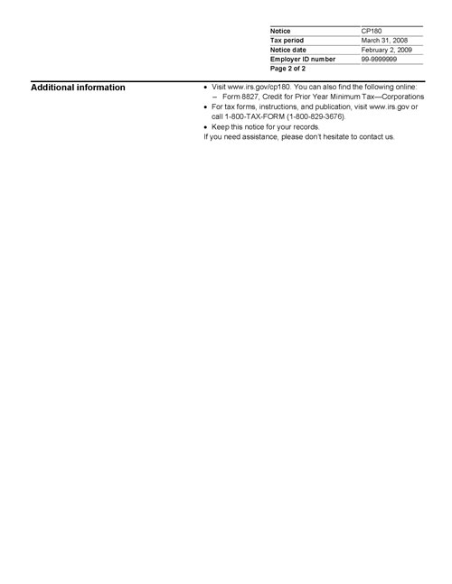 Image of page 2 of a printed IRS CP180 Notice