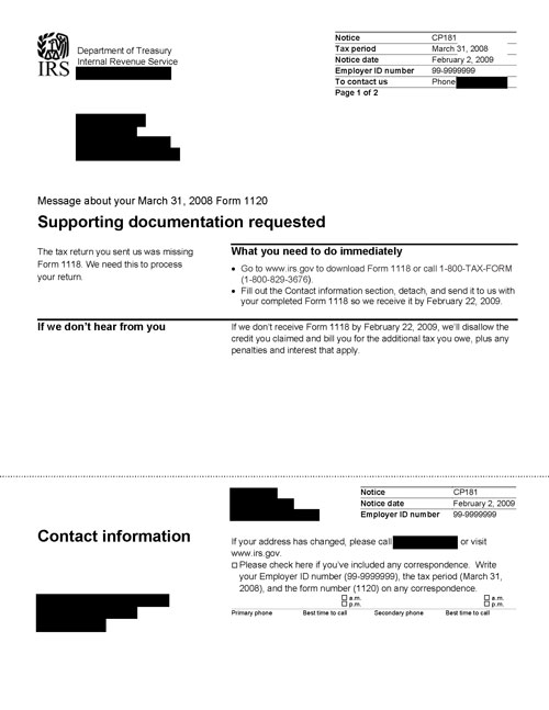 Image of page 1 of a printed IRS CP181 Notice