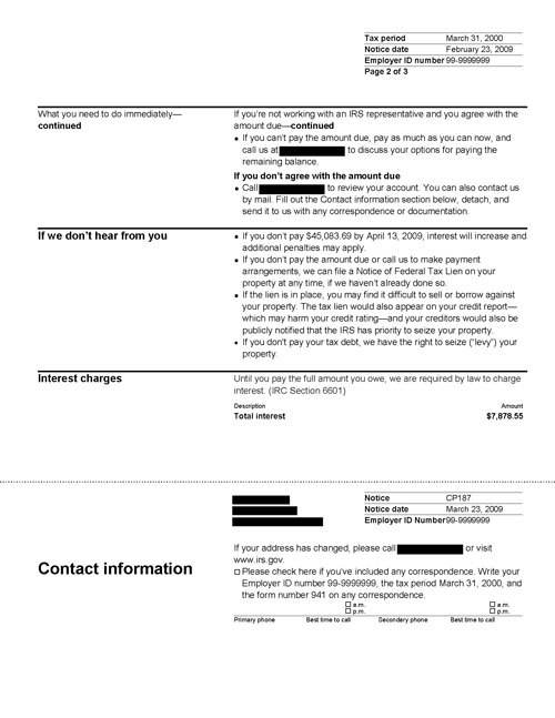 Image of page 2 of a printed IRS CP187 Notice