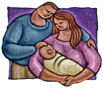 color illustration of family with mom, dad, and baby