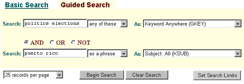 Example screen of a search for politics or elections as a keyword and puerto rico as a subject phrase