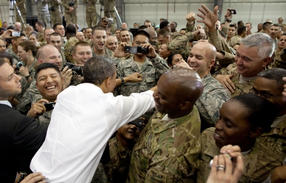President Barack Obama greets U.S. troops at Bagram Air Field after a surprise visit to Afghanistan, May 1, 2012. 
