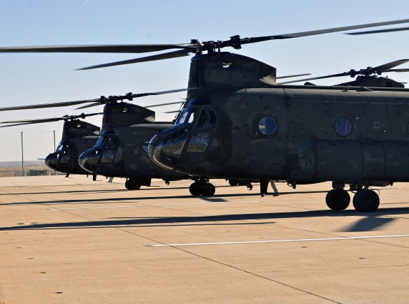 The 4th Combat Aviation Brigade, 4th Infantry Division, received their first CH-47 Chinook helicopters at Butts Army Airfield on Fort Carson, Colo., Jan. 22, 2013. The helicopters are the first to arrive to the new combat aviation brigade.
