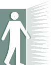 Clip art of a person walking through an open door.