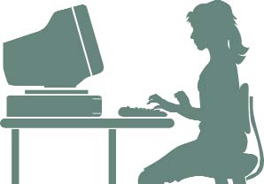 Clip art of a young woman using a home computer.