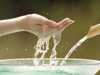 Photo: a hand feeling water coming out of a spigot