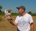 Photo of Professor James Hewlett with a juvenile male red-tailed hawk.
